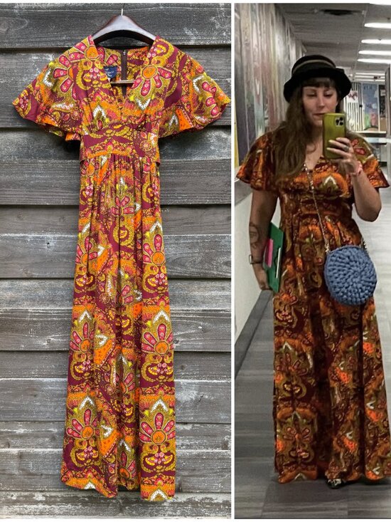 Vintage Dresses & Skirts - Vintage 70s Paisley Orange Batwing Sleeve Empire Waist Maxi Dress S/M
